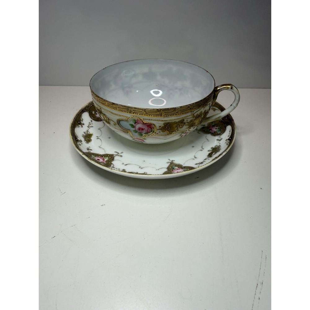Vintage Chikusa Nippon Hand Painted Tea Cup & Saucer – Pink Roses & Gold Moriage